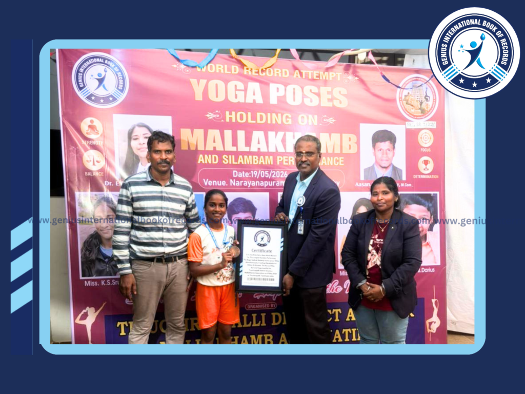 World Record in Mallakhamb with Nataraj Asana by K.S.Sruthika- She set a new world record for the longest duration performing the rope Sadiudi Nataraj Asana pose while simultaneously creating Mandala art within 12 minutes. The record was set and organized by the Tiruchirapalli District Amateur Mallakhamb Association on 11 May 2026 at Tiruchirapalli, India