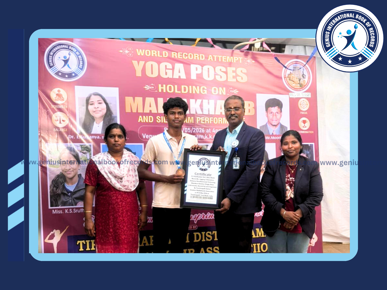 World Record in Silambam with Jogging by S.V.Kartheeban.V.Kartheeban set a new world record by jogging 3 kilometers while simultaneously performing silambam rotation (single stick) in 16 minutes. The record was set and organized by Tiruchirapalli District Amateur Mallakhamb Association on 11th May 2026 at Tiruchirapalli Tamilnadu india